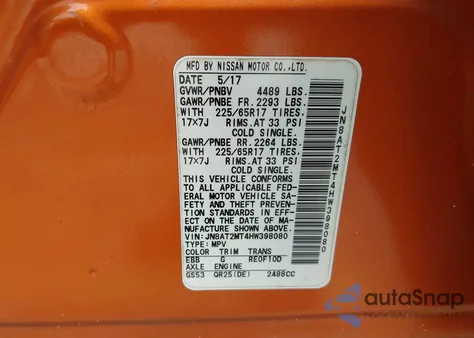 2017 Nissan Rogue Sv из США, поврежденный, VIN JN8AT2MT4HW398080